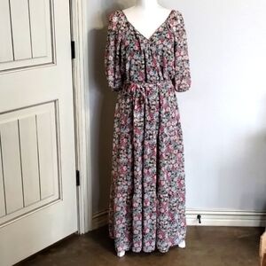 Luxology Women's size Medium floral maxi dress tiered w/tie flowy blue/pink